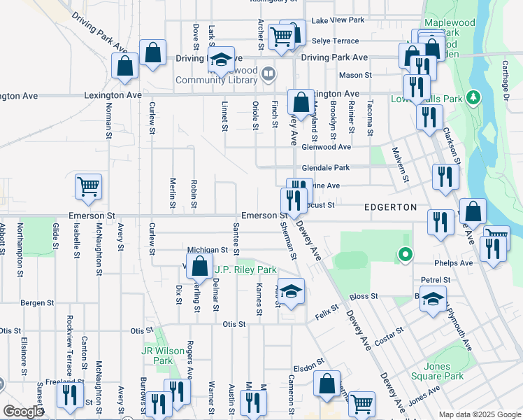 map of restaurants, bars, coffee shops, grocery stores, and more near 28 Plover Street in Rochester