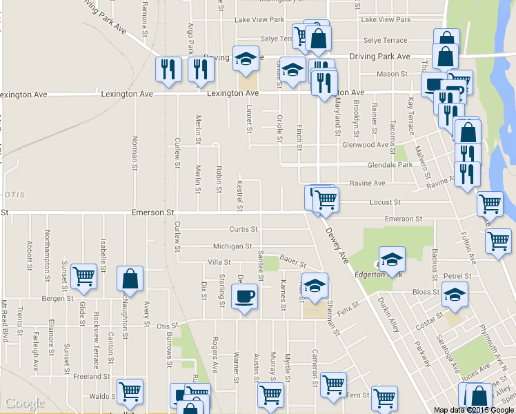 map of restaurants, bars, coffee shops, grocery stores, and more near 258 Santee Street in Rochester