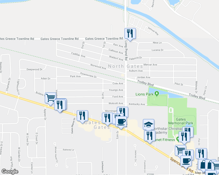 map of restaurants, bars, coffee shops, grocery stores, and more near 97 Cole Avenue in Rochester