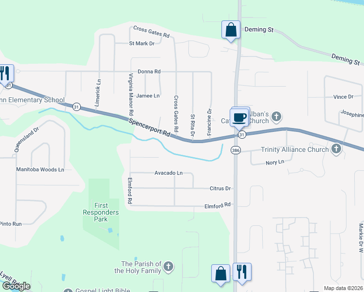 map of restaurants, bars, coffee shops, grocery stores, and more near 1745 Spencerport Road in Rochester