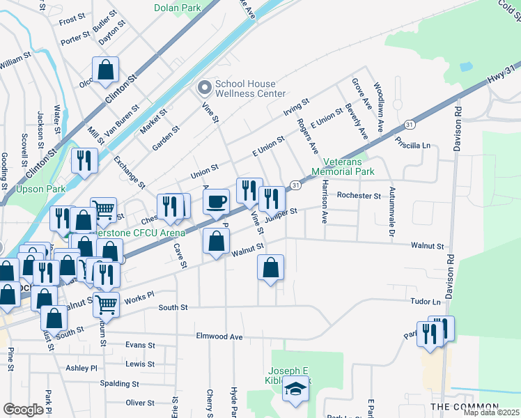 map of restaurants, bars, coffee shops, grocery stores, and more near 343 East Avenue in Lockport