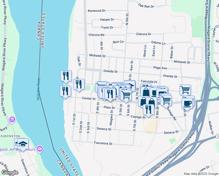 map of restaurants, bars, coffee shops, grocery stores, and more near 435 Onondaga Street in Lewiston