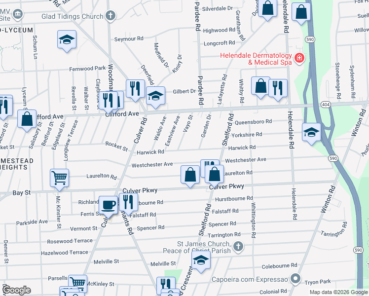 map of restaurants, bars, coffee shops, grocery stores, and more near 21 Vayo Street in Rochester