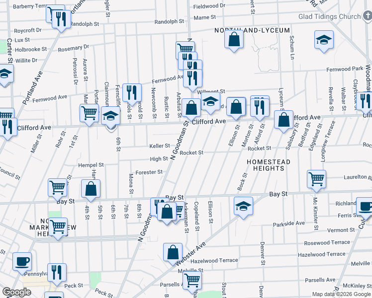 map of restaurants, bars, coffee shops, grocery stores, and more near 180 Winterroth Street in Rochester