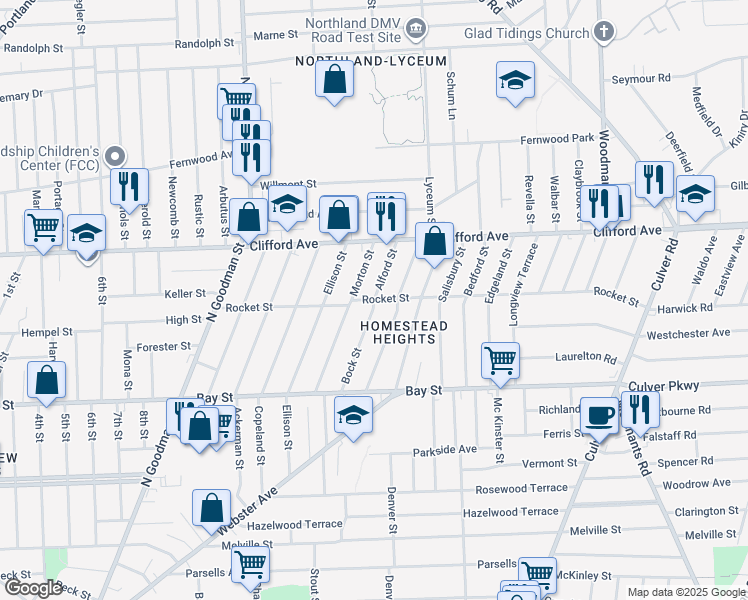 map of restaurants, bars, coffee shops, grocery stores, and more near Rocket St & Bock St in Rochester