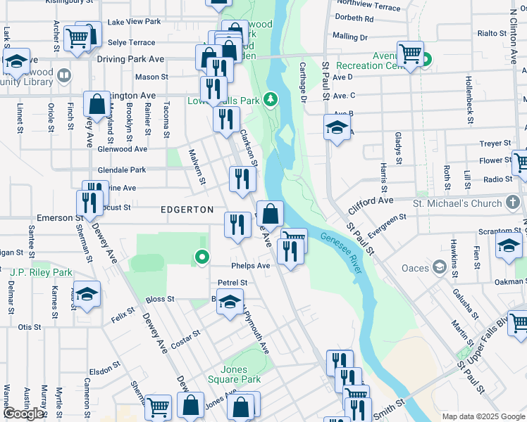 map of restaurants, bars, coffee shops, grocery stores, and more near 532 Lake Avenue in Rochester