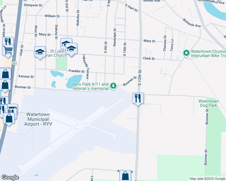 map of restaurants, bars, coffee shops, grocery stores, and more near 984 Boomer Street in Watertown