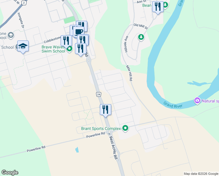 map of restaurants, bars, coffee shops, grocery stores, and more near 7 Vic Chambers Place in Brant