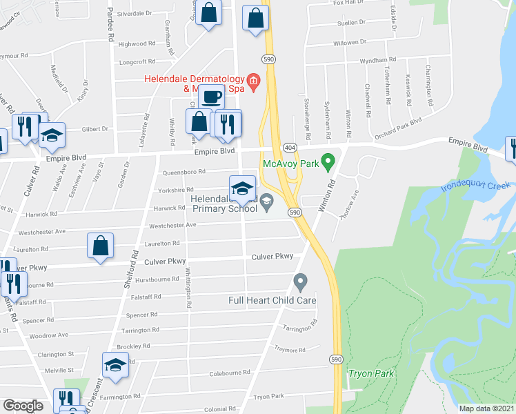 map of restaurants, bars, coffee shops, grocery stores, and more near 220 Helendale Road in Rochester