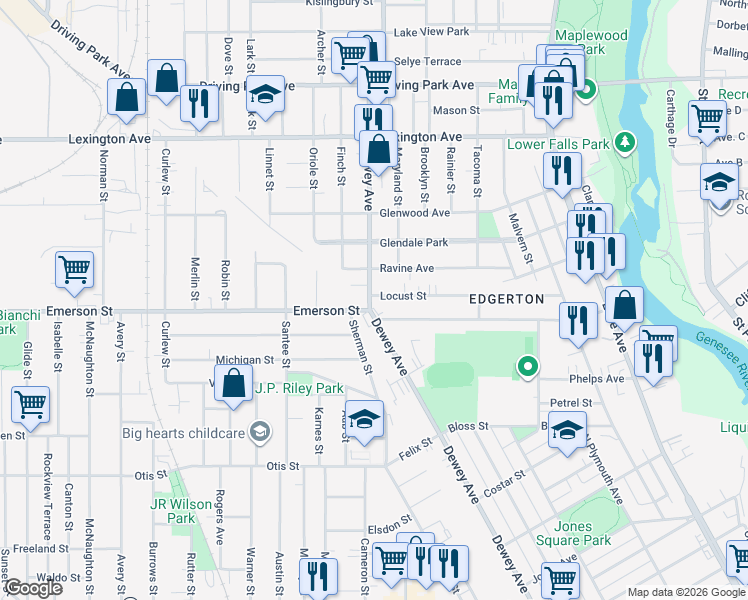map of restaurants, bars, coffee shops, grocery stores, and more near in Rochester