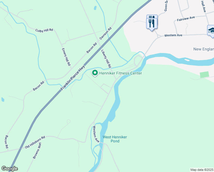 map of restaurants, bars, coffee shops, grocery stores, and more near 566 Western Avenue in Henniker