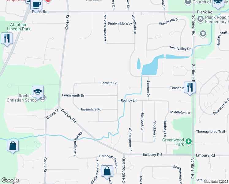 map of restaurants, bars, coffee shops, grocery stores, and more near 185 Belvista Drive in Rochester