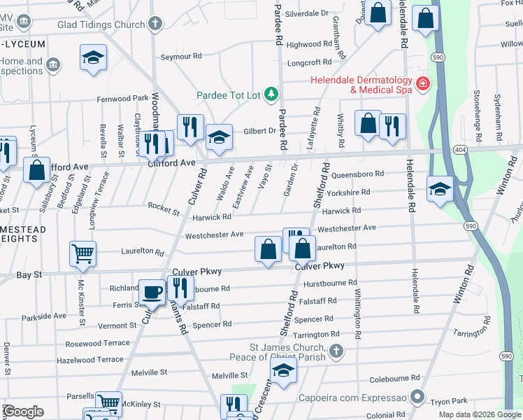 map of restaurants, bars, coffee shops, grocery stores, and more near 21 Vayo Street in Rochester