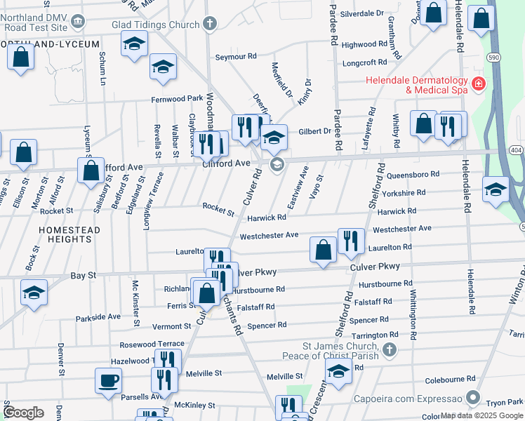 map of restaurants, bars, coffee shops, grocery stores, and more near 1592 Culver Road in Rochester