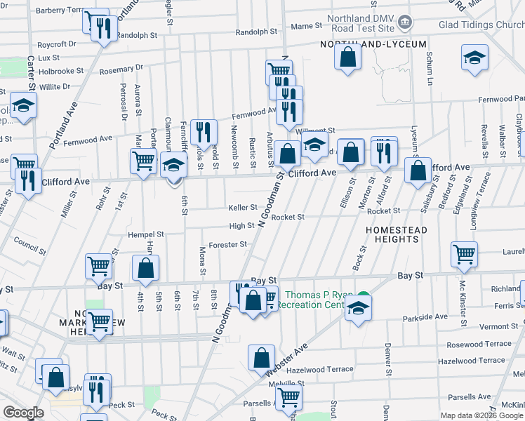 map of restaurants, bars, coffee shops, grocery stores, and more near 1101 Goodman Street North in Rochester