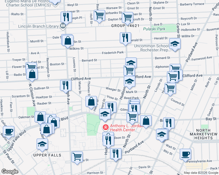 map of restaurants, bars, coffee shops, grocery stores, and more near 24 Barons Street in Rochester