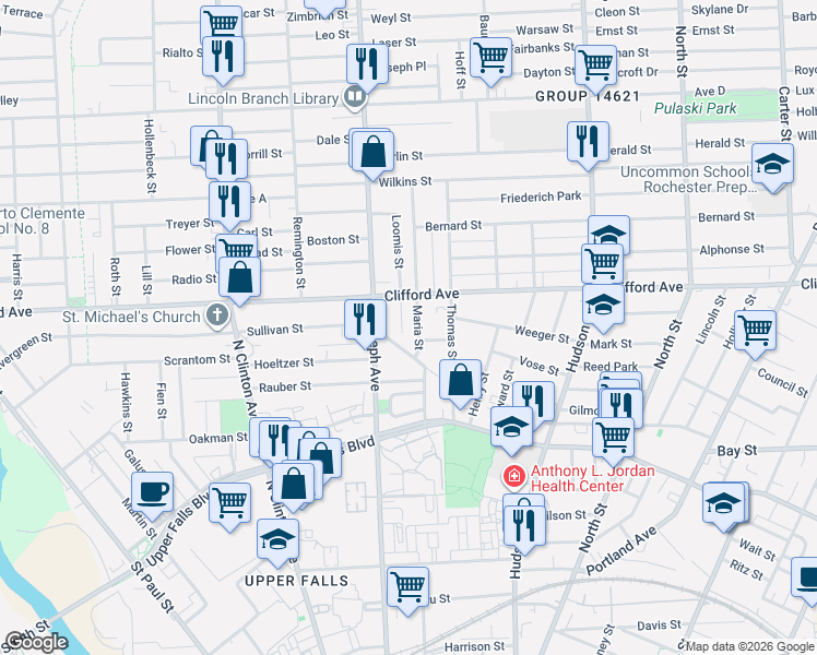 map of restaurants, bars, coffee shops, grocery stores, and more near 24 Maria Street in Rochester