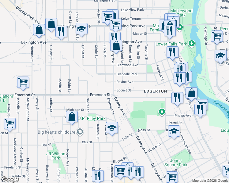 map of restaurants, bars, coffee shops, grocery stores, and more near in Rochester