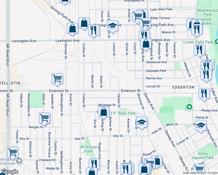 map of restaurants, bars, coffee shops, grocery stores, and more near 8 Kestrel Street in Rochester