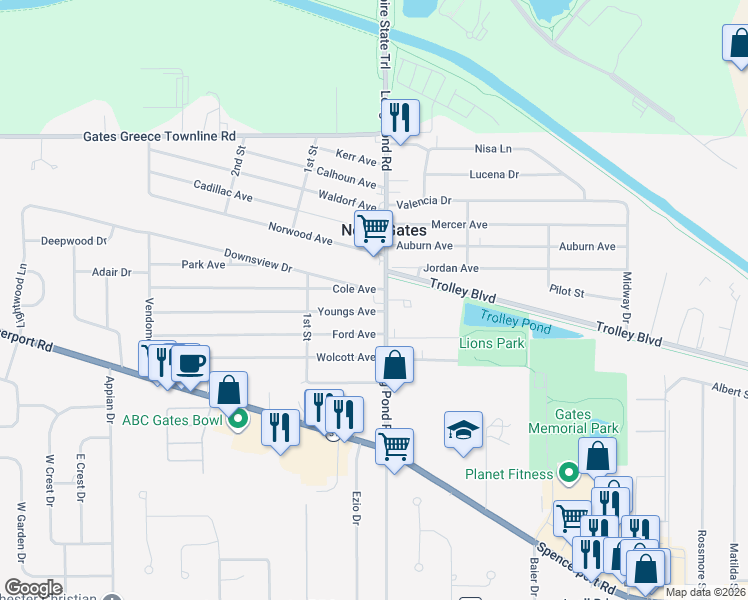map of restaurants, bars, coffee shops, grocery stores, and more near in Gates-North Gates