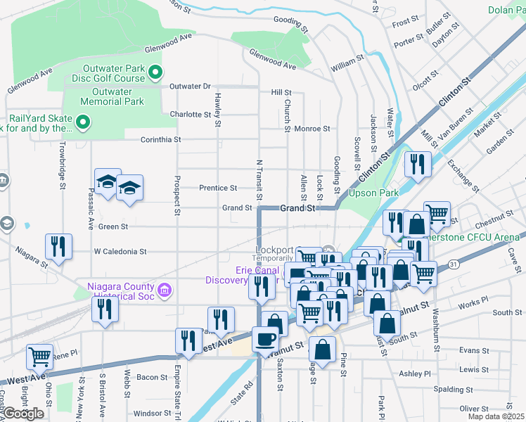 map of restaurants, bars, coffee shops, grocery stores, and more near 148 Grand Street in Lockport