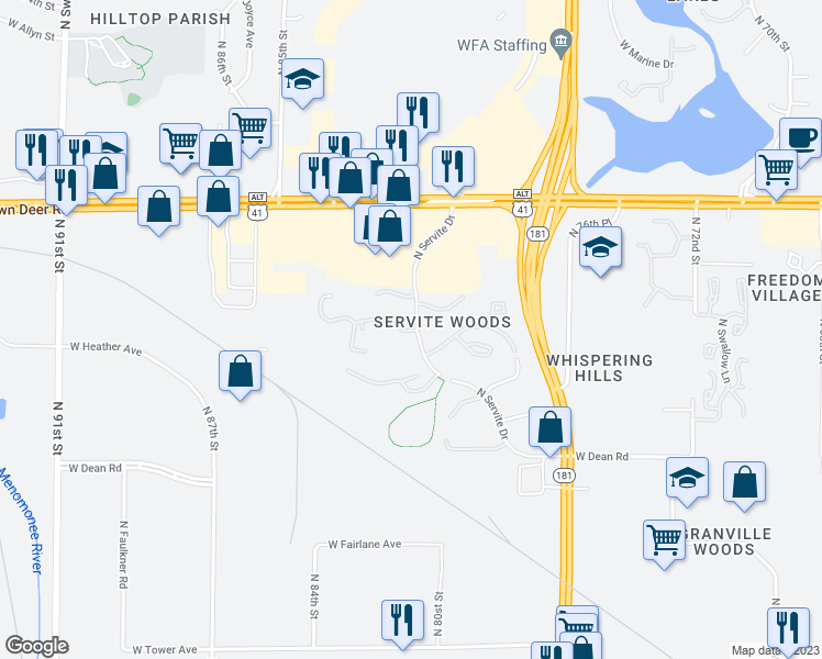 map of restaurants, bars, coffee shops, grocery stores, and more near 8590 North Servite Drive in Milwaukee
