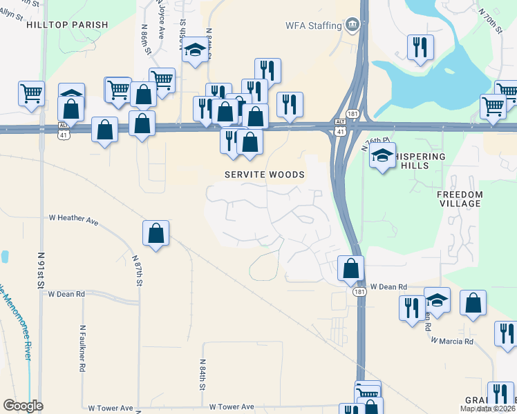 map of restaurants, bars, coffee shops, grocery stores, and more near 8590 North Servite Drive in Milwaukee