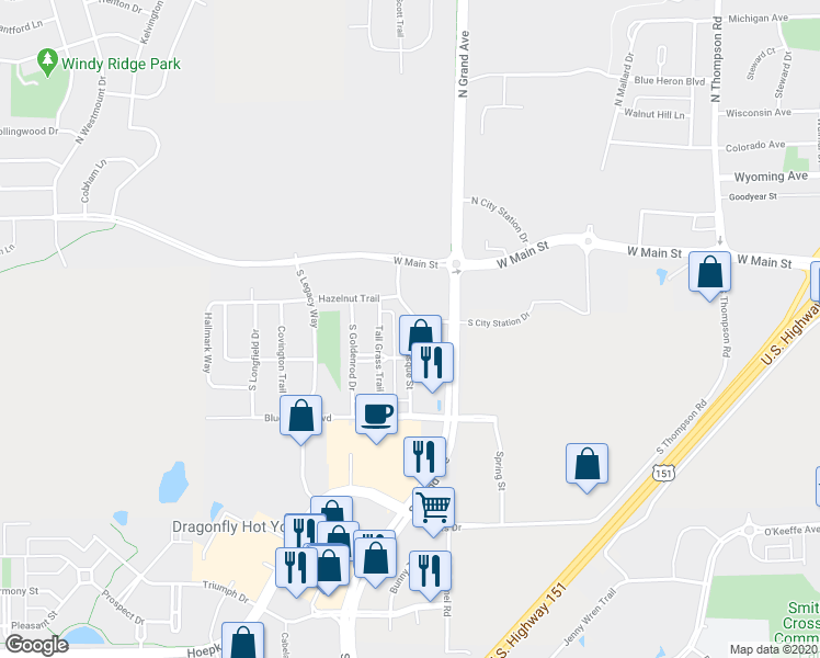 map of restaurants, bars, coffee shops, grocery stores, and more near 240 Pasque Street in Sun Prairie