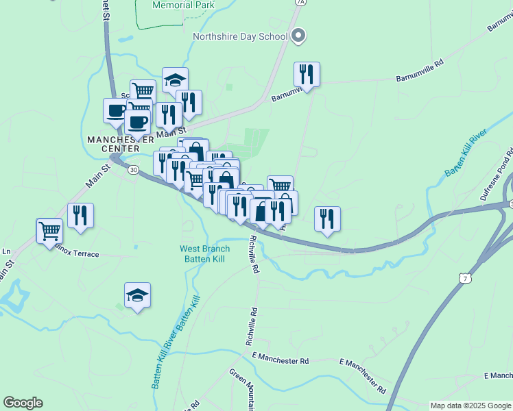 map of restaurants, bars, coffee shops, grocery stores, and more near 53 Elm Street in Manchester