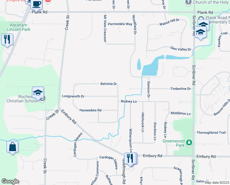 map of restaurants, bars, coffee shops, grocery stores, and more near 185 Belvista Drive in Rochester