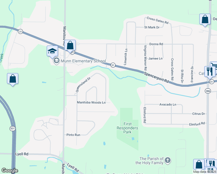 map of restaurants, bars, coffee shops, grocery stores, and more near 26 Queensland Drive in Spencerport