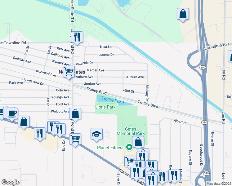 map of restaurants, bars, coffee shops, grocery stores, and more near 840 Trolley Boulevard in Rochester