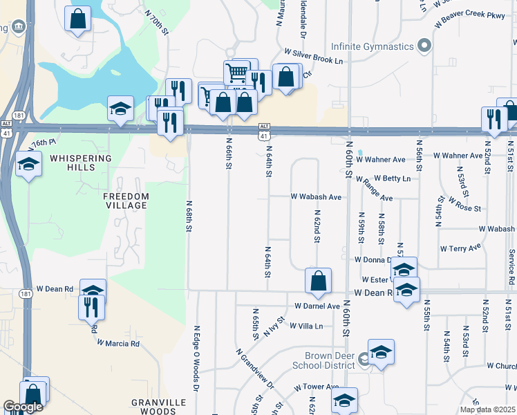 map of restaurants, bars, coffee shops, grocery stores, and more near 8615 North 64th Street in Brown Deer