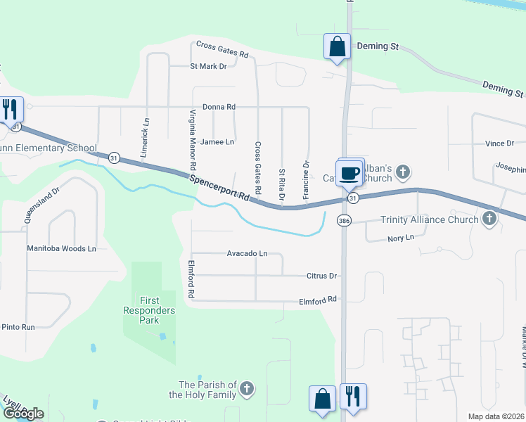 map of restaurants, bars, coffee shops, grocery stores, and more near 1745 Spencerport Road in Rochester