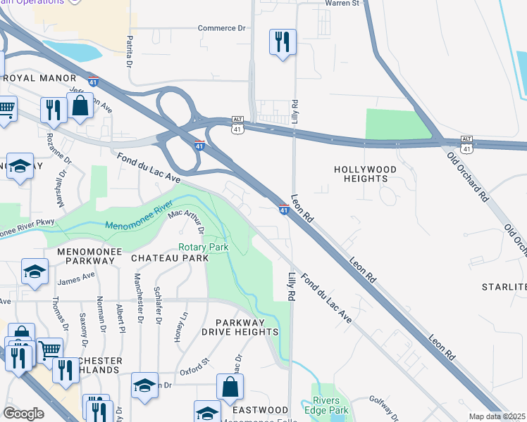 map of restaurants, bars, coffee shops, grocery stores, and more near N86W14131 Beacon Street in Menomonee Falls