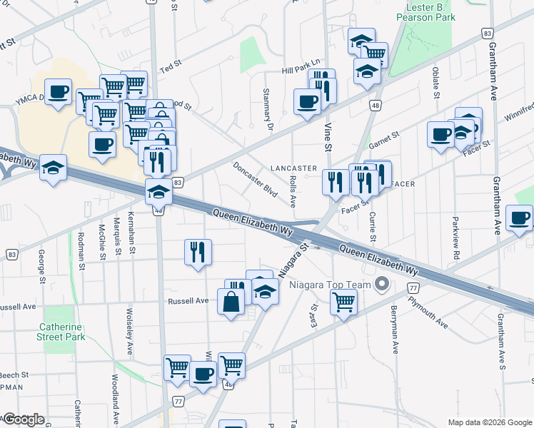 map of restaurants, bars, coffee shops, grocery stores, and more near 67 McCalla Drive in St. Catharines