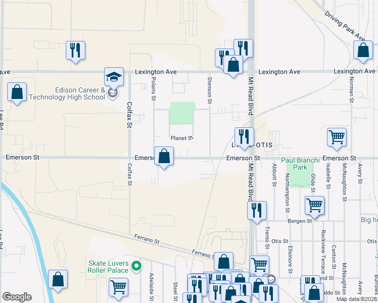 map of restaurants, bars, coffee shops, grocery stores, and more near 149 Planet Street in Rochester