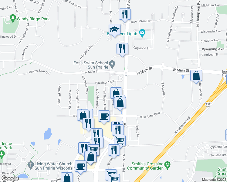 map of restaurants, bars, coffee shops, grocery stores, and more near 244 Pasque Street in Sun Prairie