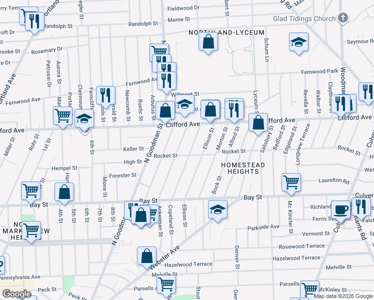 map of restaurants, bars, coffee shops, grocery stores, and more near 184 Baycliff Drive in Rochester