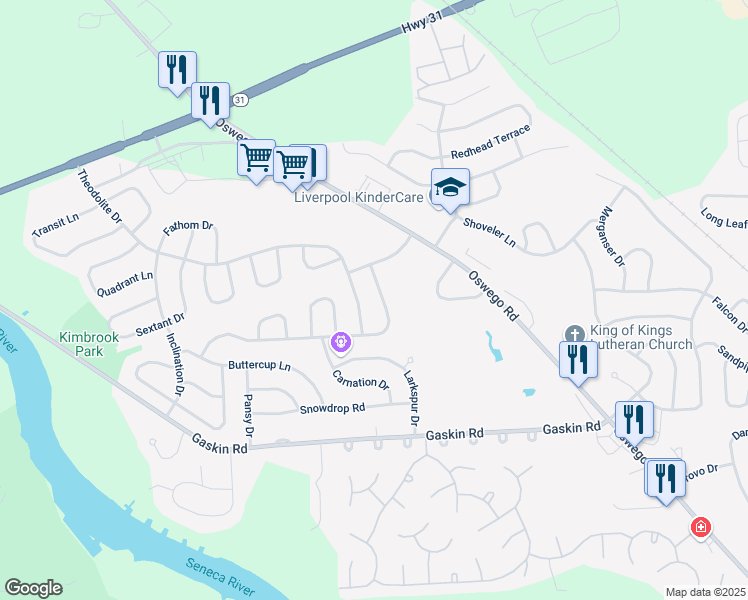 map of restaurants, bars, coffee shops, grocery stores, and more near 8418 Zenith Drive in Baldwinsville