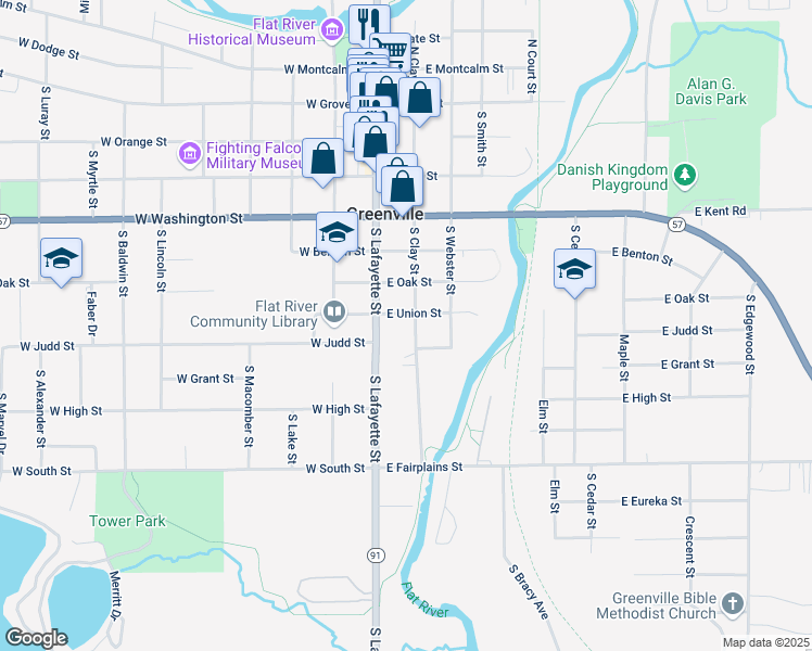 map of restaurants, bars, coffee shops, grocery stores, and more near 107 East Union Street in Greenville