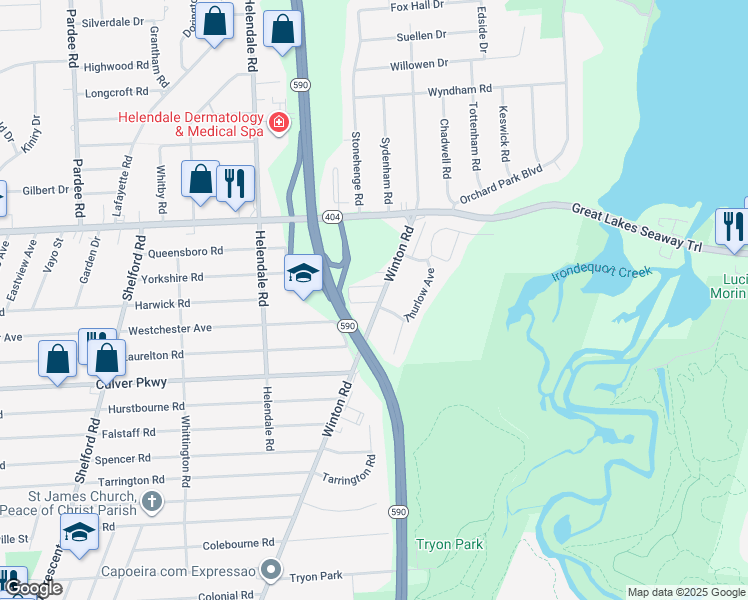 map of restaurants, bars, coffee shops, grocery stores, and more near 1504 County Road 98 in Irondequoit