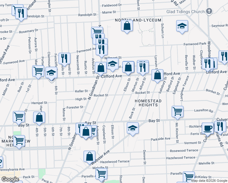 map of restaurants, bars, coffee shops, grocery stores, and more near 184 Baycliff Drive in Rochester