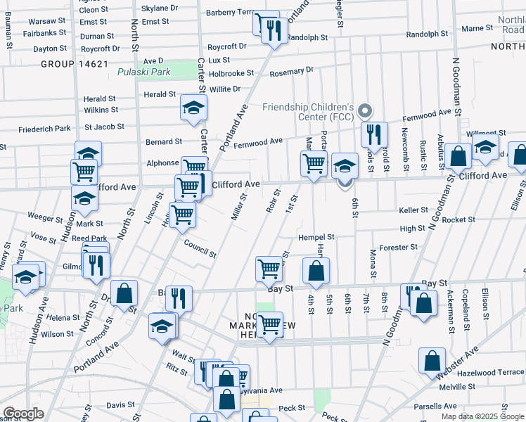 map of restaurants, bars, coffee shops, grocery stores, and more near 189 Rohr Street in Rochester