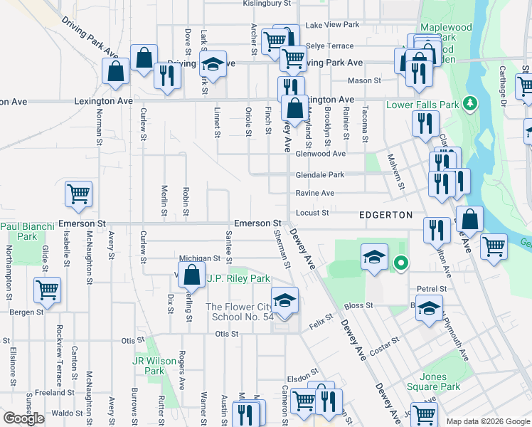 map of restaurants, bars, coffee shops, grocery stores, and more near 28 Plover Street in Rochester