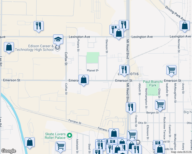 map of restaurants, bars, coffee shops, grocery stores, and more near 149 Planet Street in Rochester
