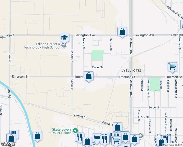 map of restaurants, bars, coffee shops, grocery stores, and more near 10 Polaris Street in Rochester