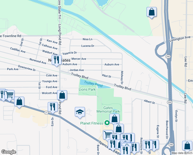 map of restaurants, bars, coffee shops, grocery stores, and more near 840 Trolley Boulevard in Rochester