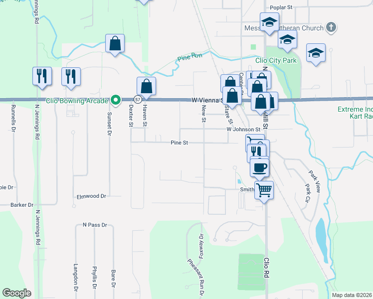 map of restaurants, bars, coffee shops, grocery stores, and more near 439 Pine Street in Clio
