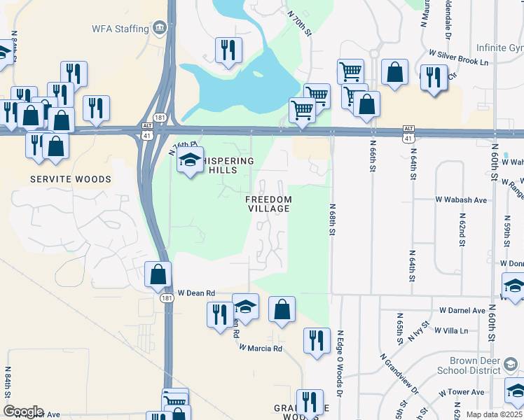 map of restaurants, bars, coffee shops, grocery stores, and more near 8616 North 72nd Street in Milwaukee